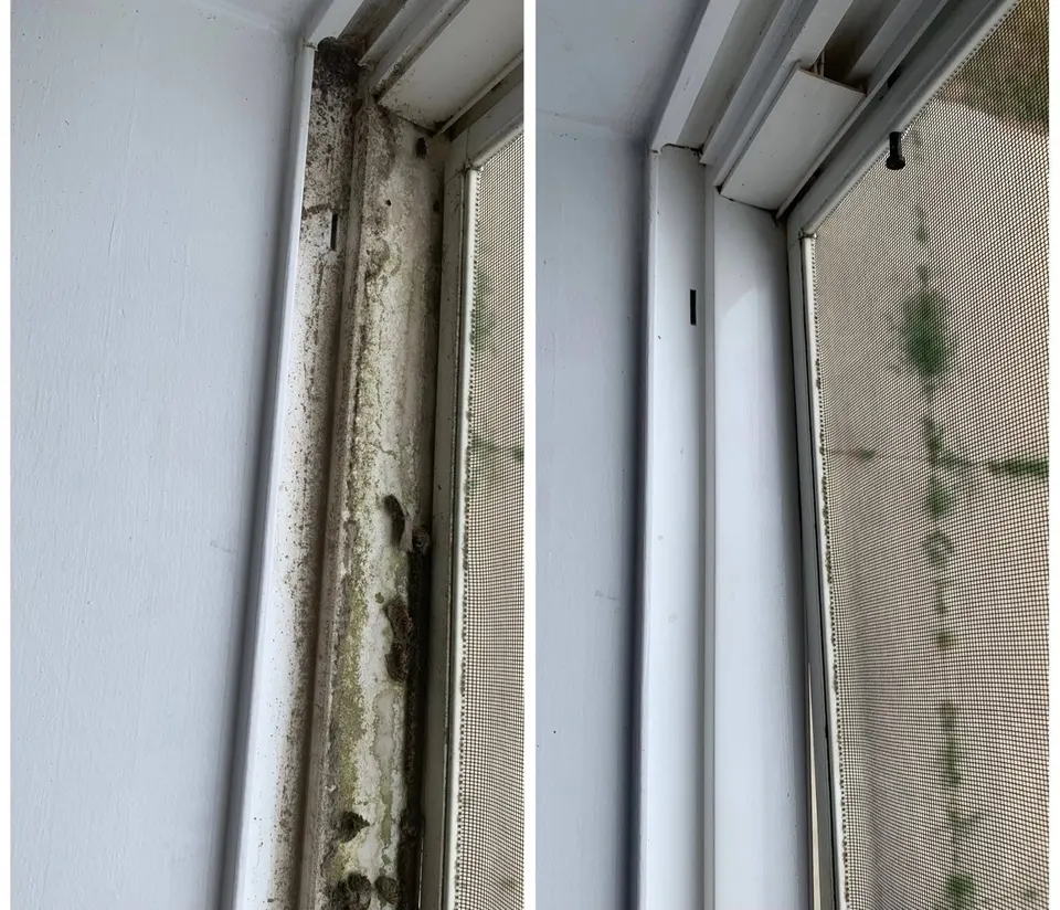 Before and after cleaning of a window track